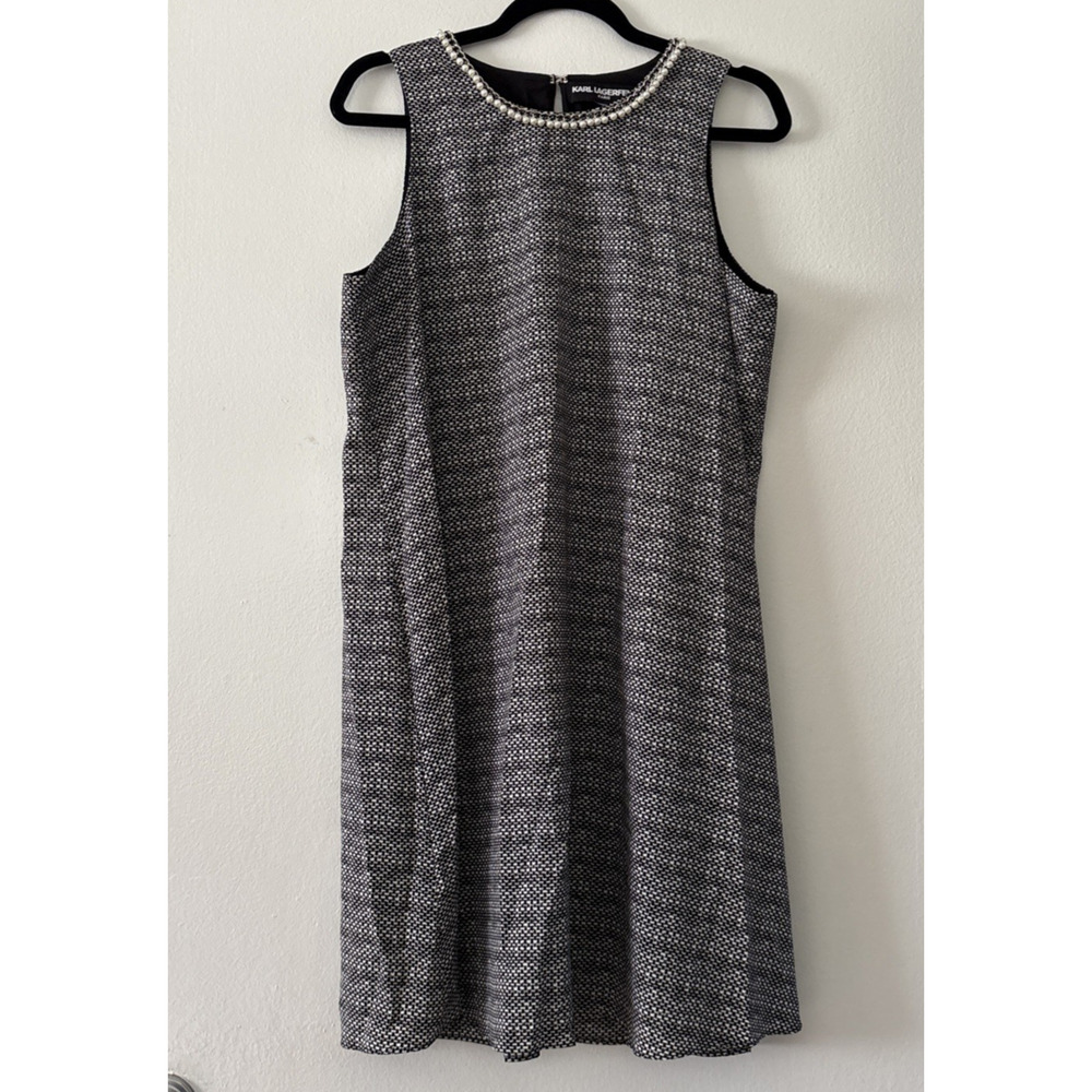 Karl Lagerfeld Paris Black Sleeveless Pearl Chain Neck Fit & Flare Dress Size 12
